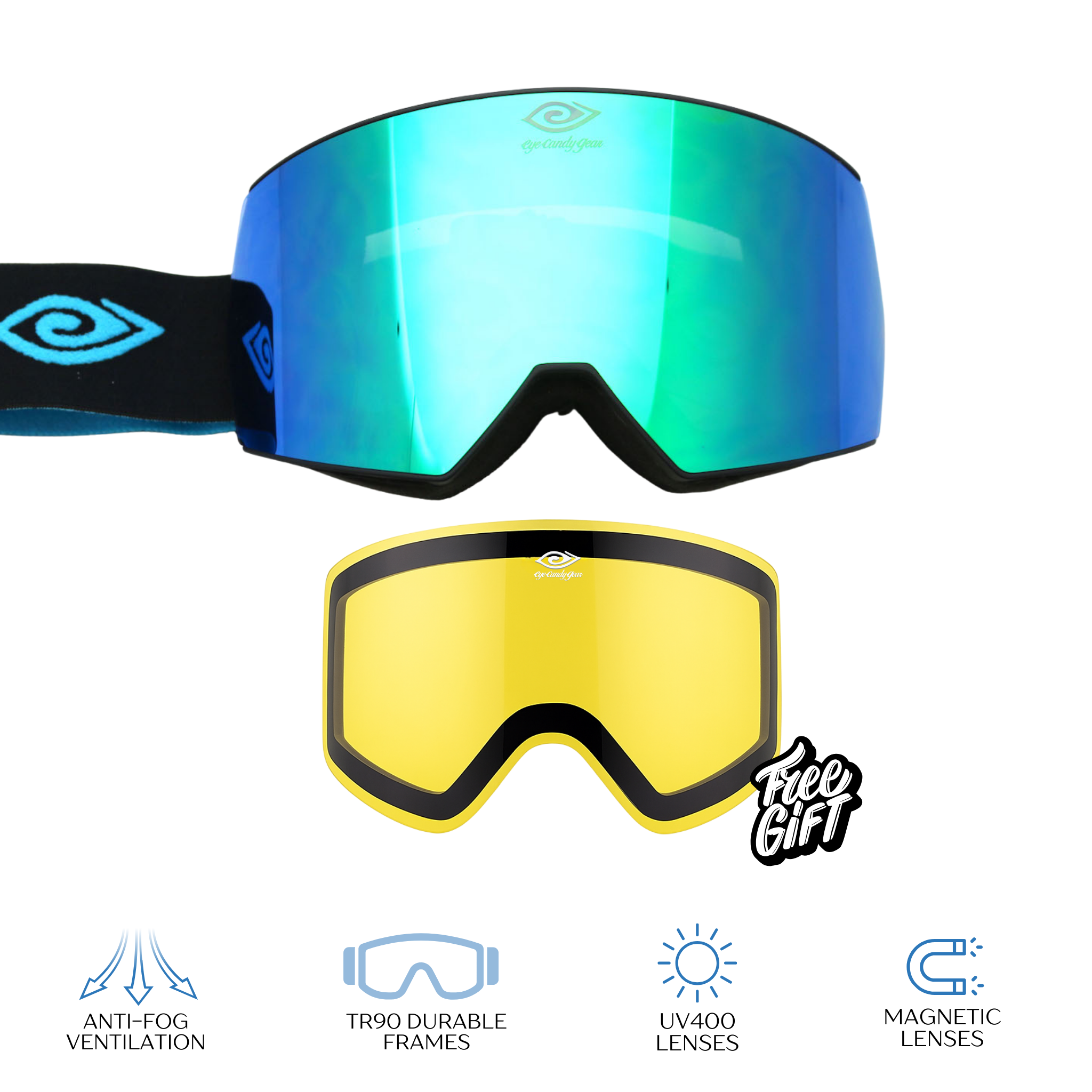 Ice Blue - Magnetized Snow Goggles - (Interchangeable Lenses