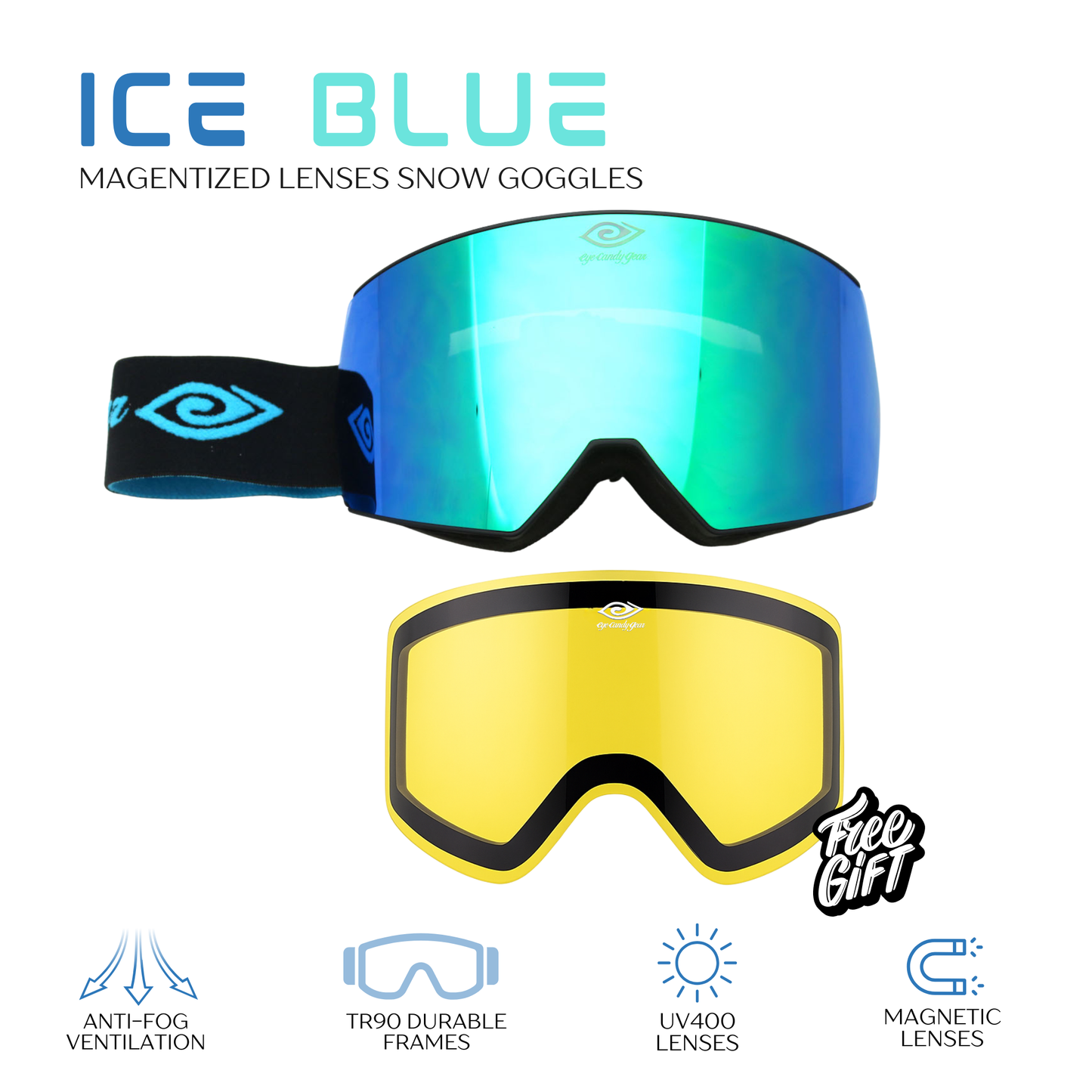 Ice Blue - Magnetized Snow Goggles - (Interchangeable Lenses)
